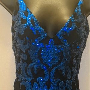 Royal blue sequins on black, floor length evening gown size small NWT